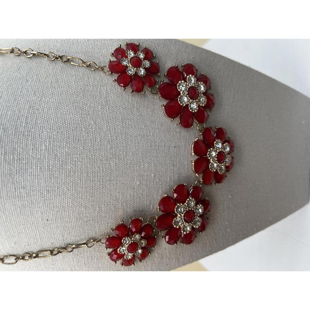 Red Floral Statement Necklace with Rhinestones - Picture 2 of 9